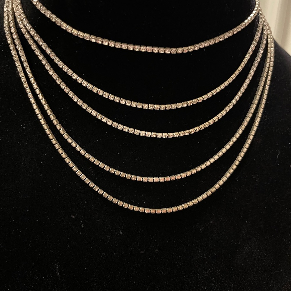 Silver Toned layer Chains with Crystals Necklace and Matching Earrings